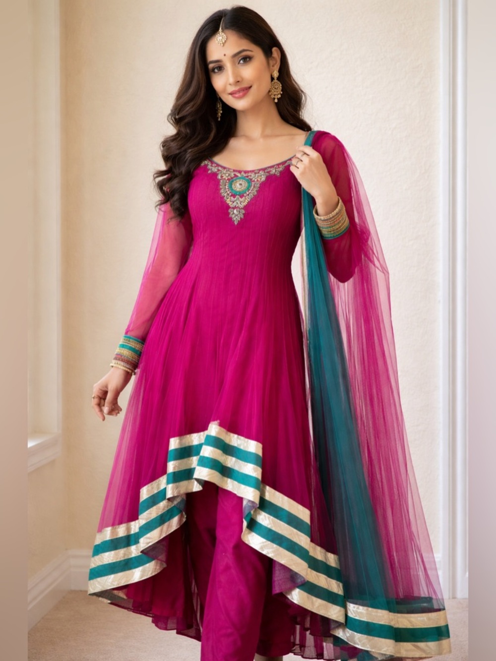 Women Fuchsia Embellished High Low Anarkali with Teal Trim, pants, dupatta